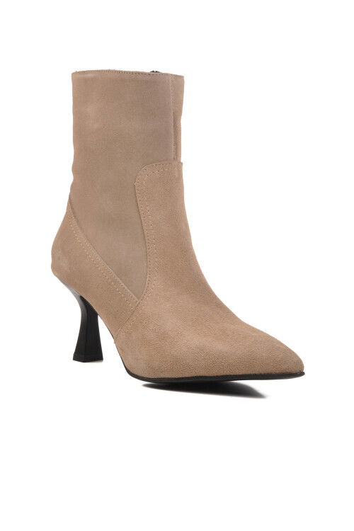 حذاء نسائي بكعب عالٍ من الجلد الطبيعي من صوف السويدي البيج DS-60 Z