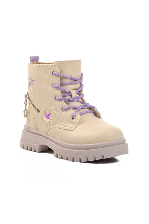 Cream-Lilac Polyurethane Girls Boots 1525 F