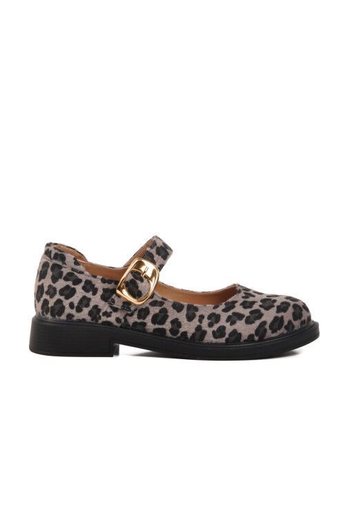 Gray Leopard Patterned Belted Womens Ballerinas 572407 Z