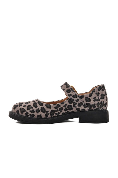 Gray Leopard Patterned Belted Womens Ballerinas 572407 Z