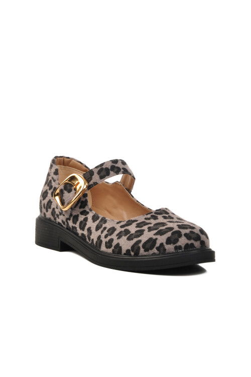Gray Leopard Patterned Belted Womens Ballerinas 572407 Z