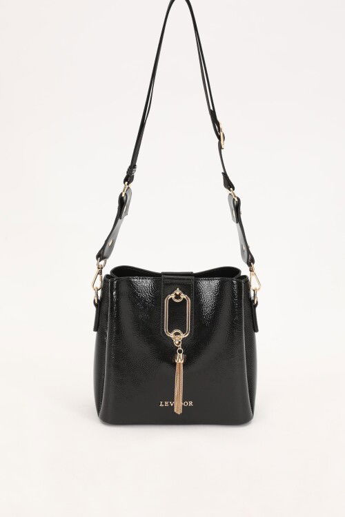 Black Wrinkled Patent Leather Womens Hand and Shoulder Bag 930126