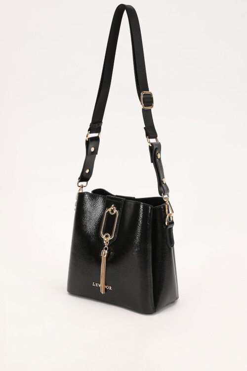 Black Wrinkled Patent Leather Womens Hand and Shoulder Bag 930126