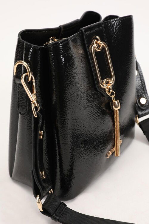 Black Wrinkled Patent Leather Womens Hand and Shoulder Bag 930126