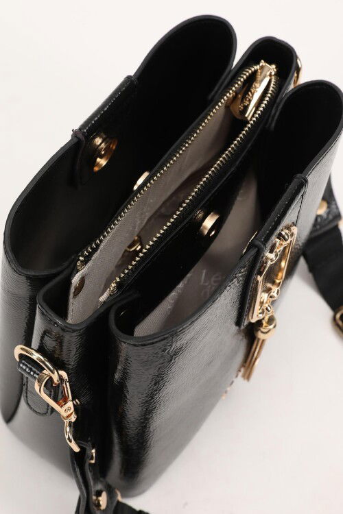 Black Wrinkled Patent Leather Womens Hand and Shoulder Bag 930126