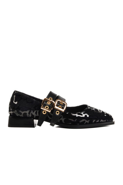 Black Leopard Patterned Belted Womens Ballerinas 458324 Z