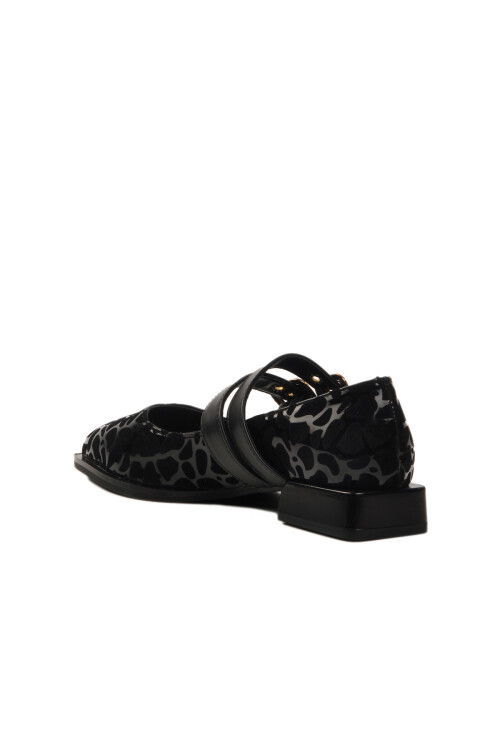 Black Leopard Patterned Belted Womens Ballerinas 458324 Z