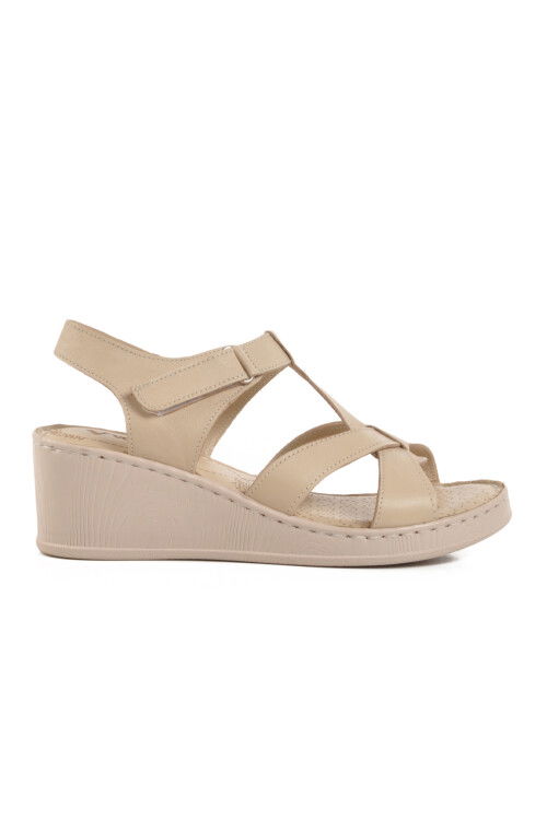 Beige Genuine Leather Womens Wedge Heel Sandals 9200 Z