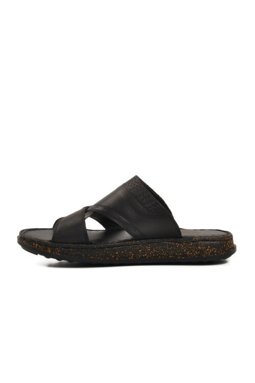 Black Genuine Leather Mens Slippers 2045 M