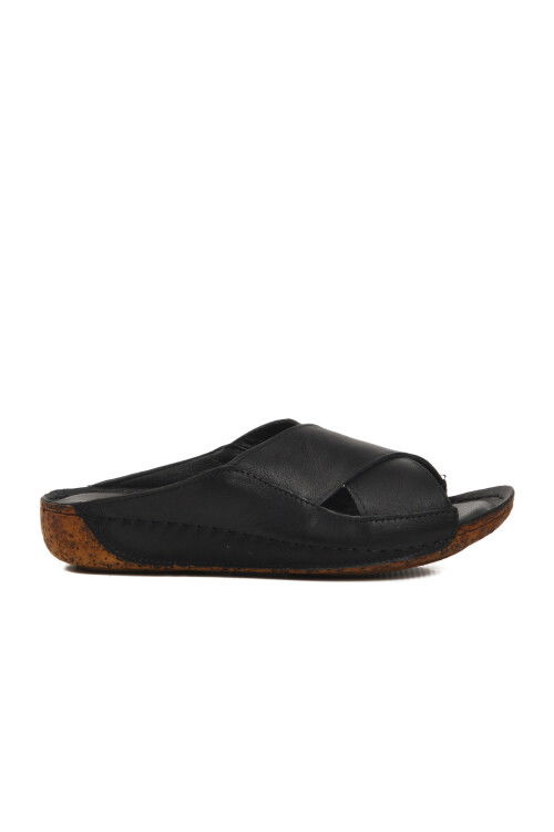 Black Genuine Leather Womens Slippers 001 Z