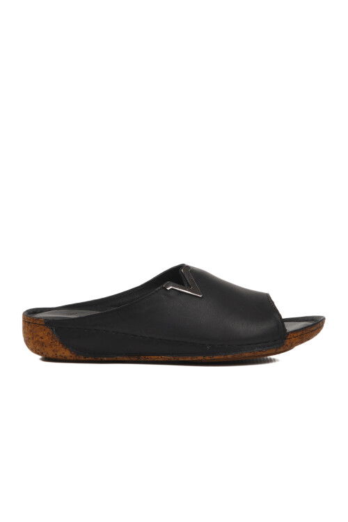 Black Genuine Leather Womens Slippers 002 Z