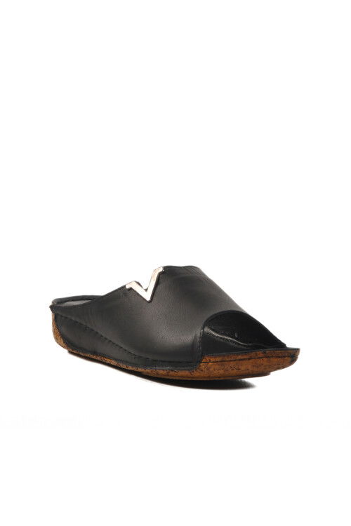 Black Genuine Leather Womens Slippers 002 Z