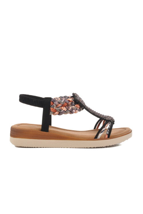 Black Embroidered Lightweight Thin Sole Womens Sandals 358131 Z