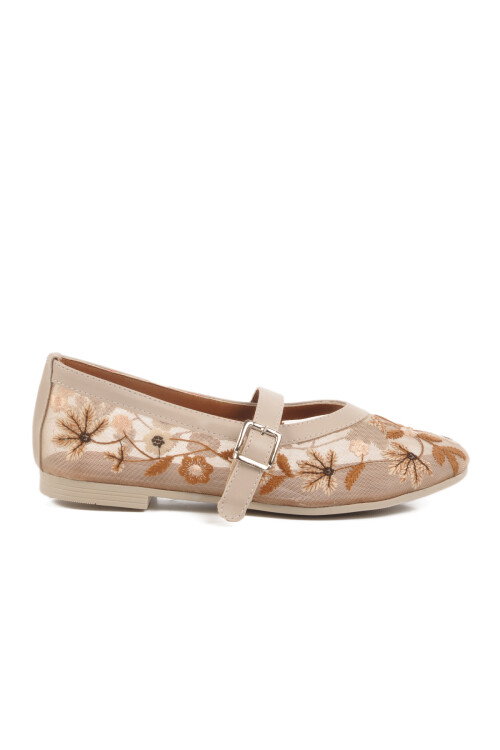 Cream Belted Lightly Patterned Womens Ballerinas B-52 Z