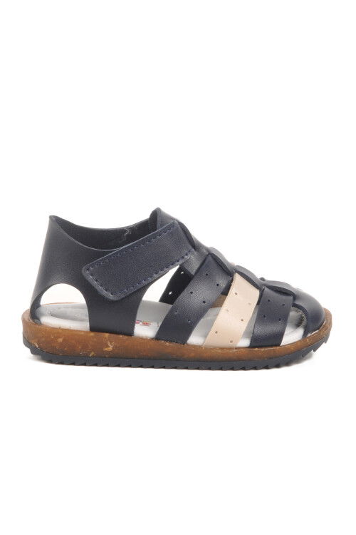 Navy Blue Beige Velcro Lightweight Unisex Childrens Sandals 17370 B