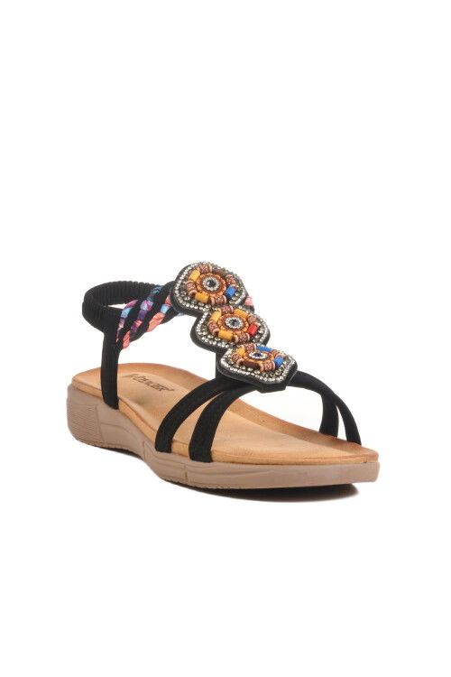 Black Genuine Leather Stone Embroidered Lightweight Womens Sandals B096 Z