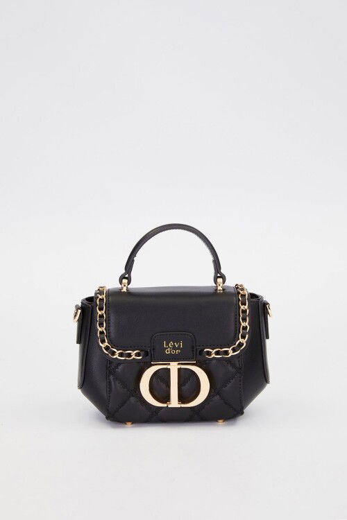 Black Rectangular Metal Lock Shoulder Bag 930428