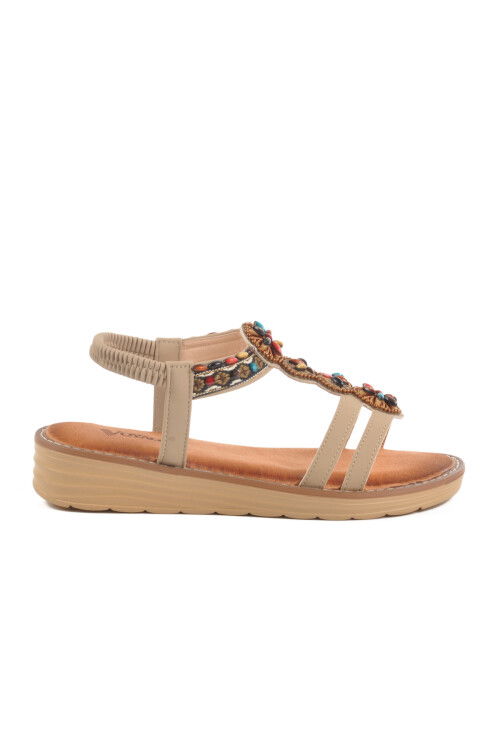 Beige Genuine Leather Stone Embroidered Womens Sandals 9634 Z