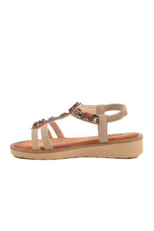 Beige Genuine Leather Stone Embroidered Womens Sandals 9634 Z