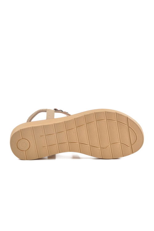 Beige Genuine Leather Stone Embroidered Womens Sandals 9634 Z