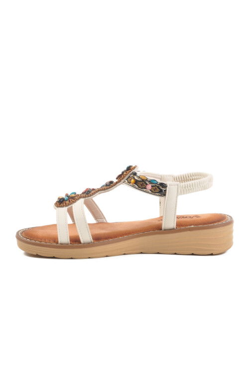White Genuine Leather Stone Embroidered Womens Sandals 9634 Z
