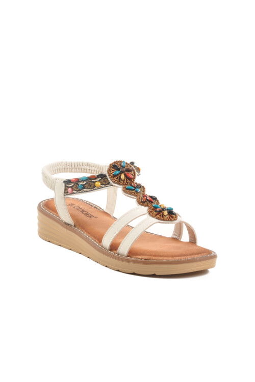 White Genuine Leather Stone Embroidered Womens Sandals 9634 Z