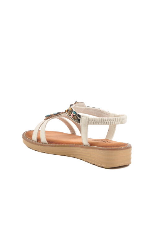 White Genuine Leather Stone Embroidered Womens Sandals 9634 Z