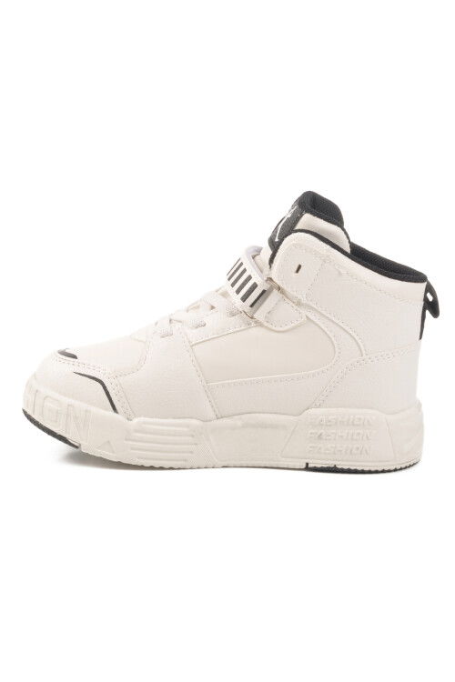 حذاء رياضي أبيض للأولاد بشريط فيلكرو بطول الكاحل مقاس كينج لونج