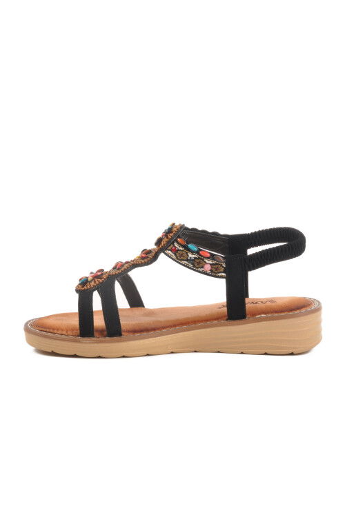 Black Genuine Leather Stone Embroidered Womens Sandals 9634 Z