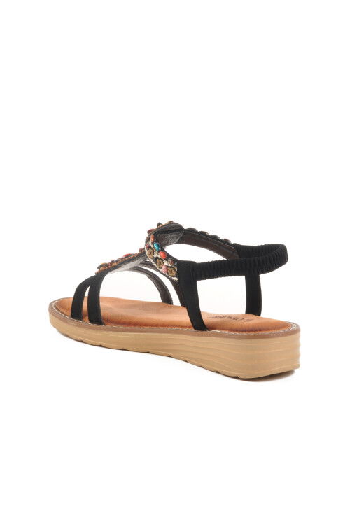 Black Genuine Leather Stone Embroidered Womens Sandals 9634 Z