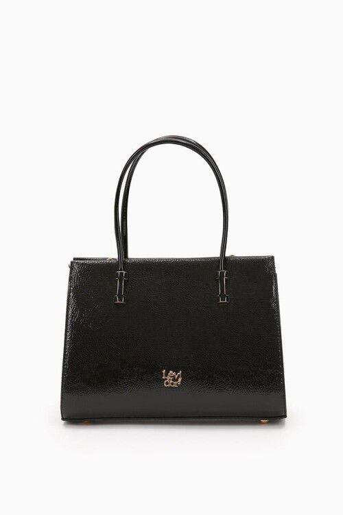 Black Wrinkled Patent Leather Womens Hand and Shoulder Bag 930156