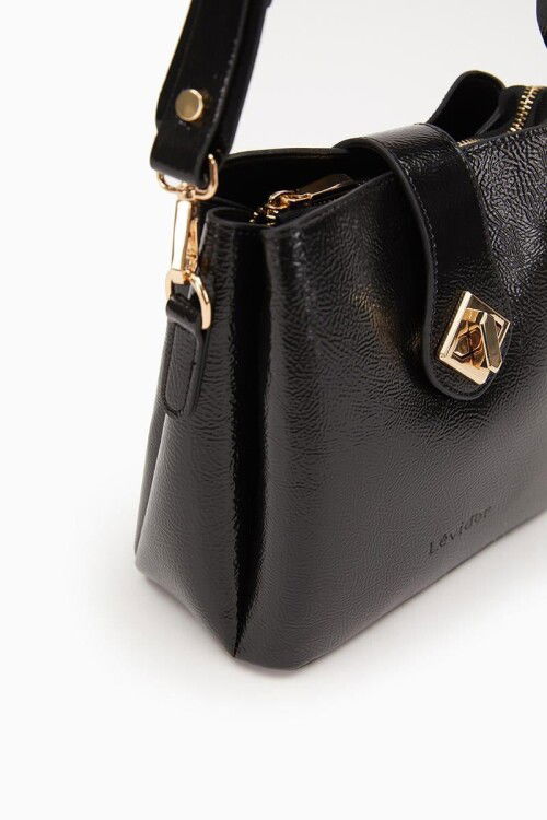 Black Wrinkled Patent Leather Womens Shoulder Bag 930167