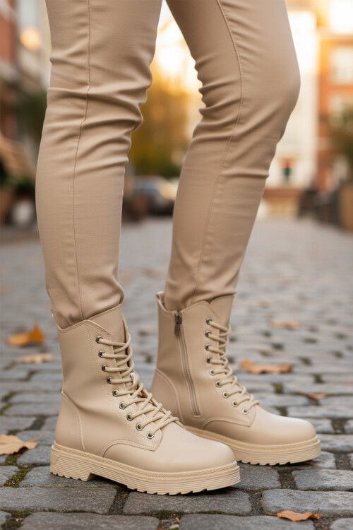 Bej Cilt Kürklü Bağcıklı Fermuarlı Kaymaz Kadın Bot 525383 Z