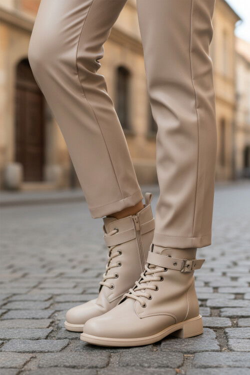 Bej Cilt Kaymaz İçi Polarlı Fermuarlı Kadın Bot 209151 Z