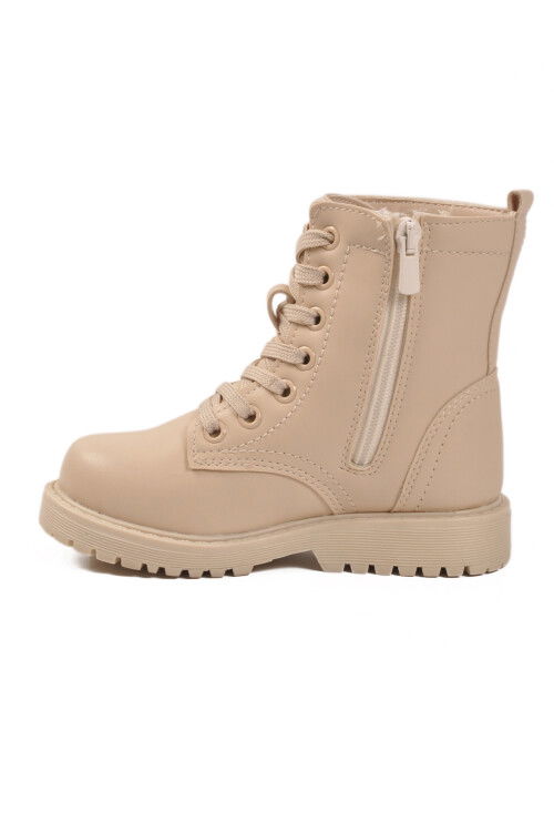 Beige Polar Fleece Lace-Up Zippered Girls Boots 24028 P