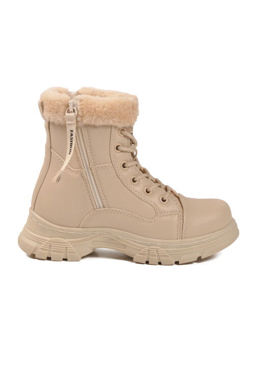 Beige Fur Lined Zippered Non-Slip Sole Girls Boots 24072 F