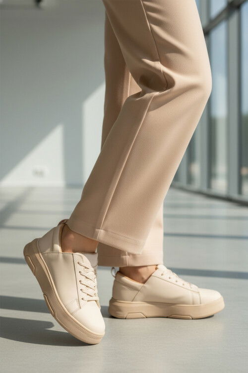 Beige Thick Sole Lace-Up Unisex Sneakers OZ-03 Z