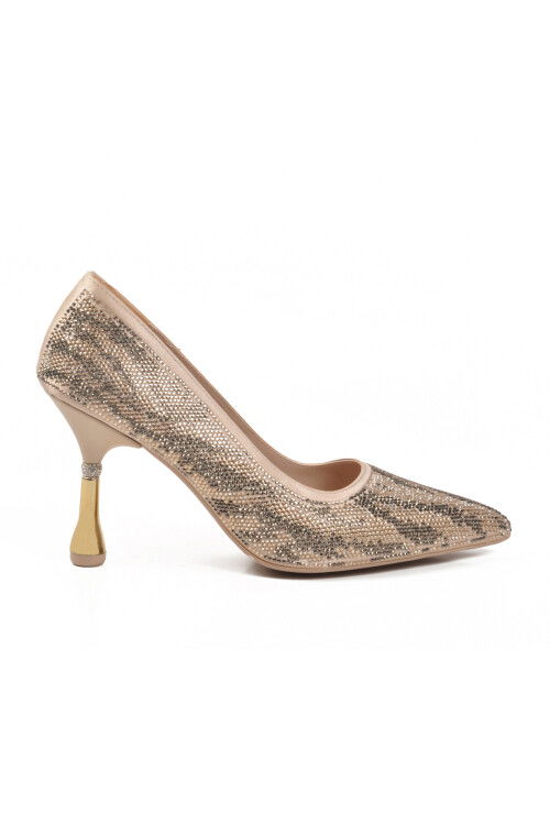 Beige Satin Stone Embroidered Thin Heeled Womens Evening Shoes 248245 Z