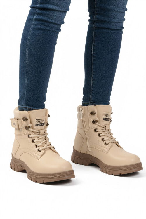 حذاء نسائي من صوف المنك البيج بسحاب داخلي ونعل مانع للانزلاق 24035 Z