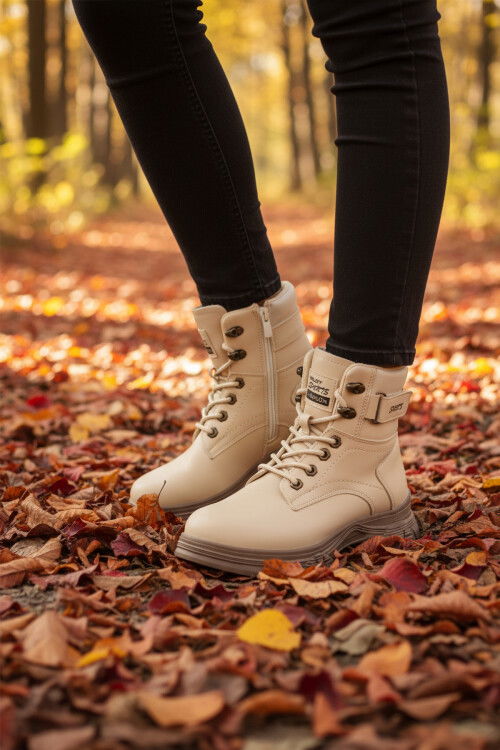 حذاء نسائي من صوف المنك البيج بسحاب داخلي ونعل مانع للانزلاق 24035 Z