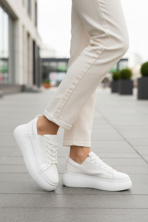 White Thick Sole Lace-Up Unisex Sneakers OZ-03 Z