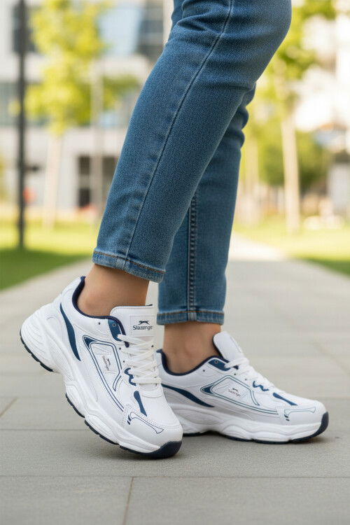 Beyaz Lacivert Bağcıklı Hafif Cilt Unisex Spor Ayakkabı Zafira G