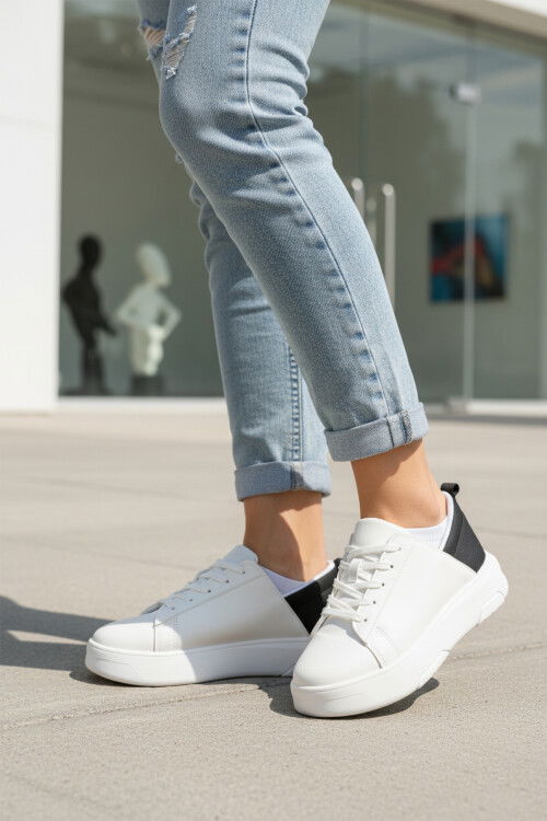 Beyaz Siyah Kalın Taban Bağcıklı Unisex Spor Ayakkabı OZ-03 Z