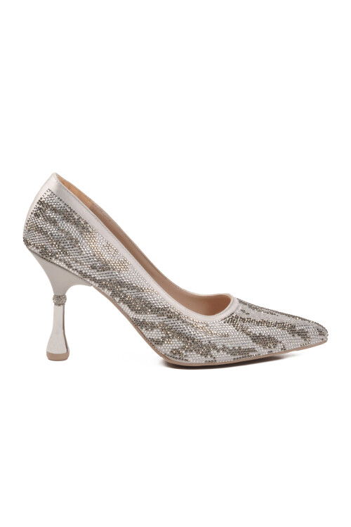 Silver Satin Stone Embroidered Thin Heeled Womens Evening Shoes 248245 Z