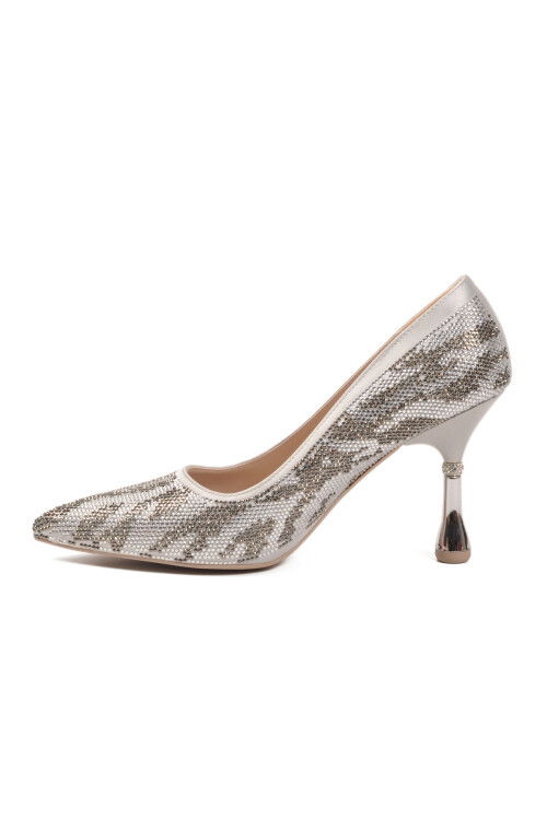 Silver Satin Stone Embroidered Thin Heeled Womens Evening Shoes 248245 Z