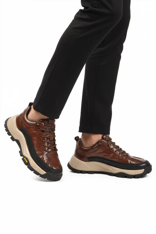 Kahve Hakiki Deri Bağcıklı Erkek Sneaker 25K570 M