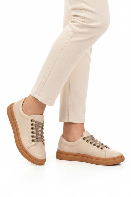Cream Laced Non-Slip Sole Womens Casual Shoes PC-55071 Z