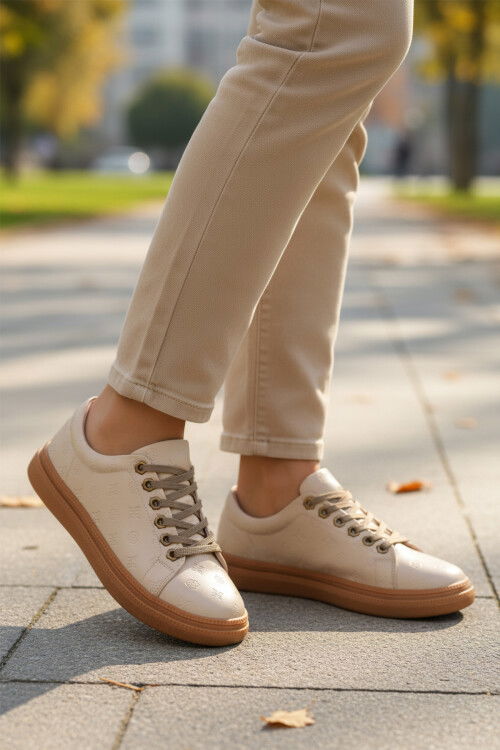Cream Laced Non-Slip Sole Womens Casual Shoes PC-55071 Z