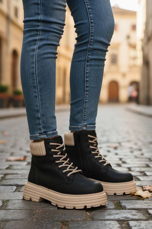 Black Beige Polar Non-Slip Sole Womens Boots Serpa 5200 Z