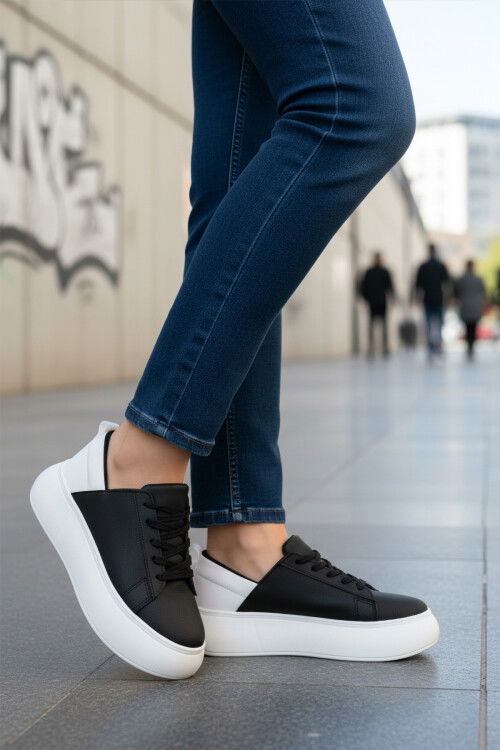 Black and White Thick Sole Lace-Up Unisex Sneakers OZ-03 Z